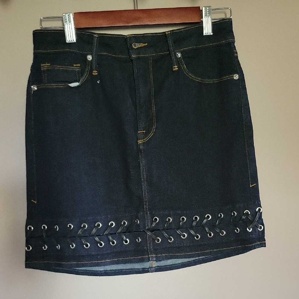 Dark Wash, Almost Black Denim Skirt With Eyelet Detail